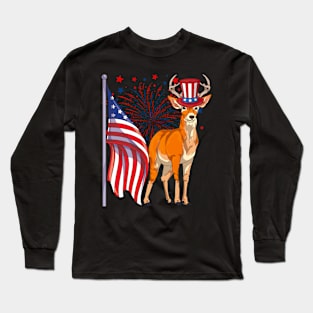US Flag Patriotic American Deer Animal Lover 4th Of July Long Sleeve T-Shirt